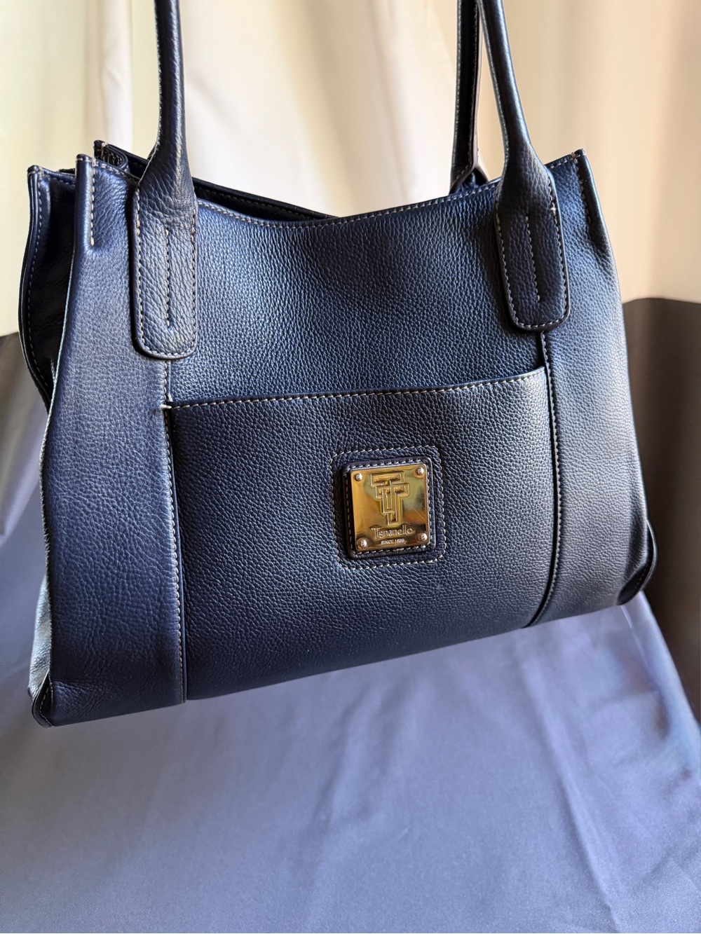 Tignanello Navy Blue Pebbled Leather Tote Shoulder Bag